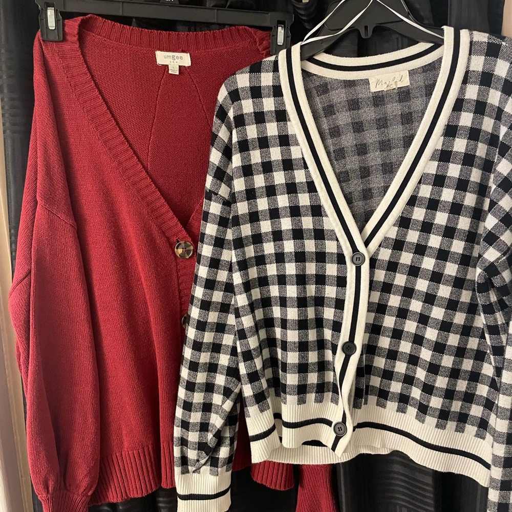 Umgee rust colored V-Neck Button Cardigan and Black & White Gingham Cardigan